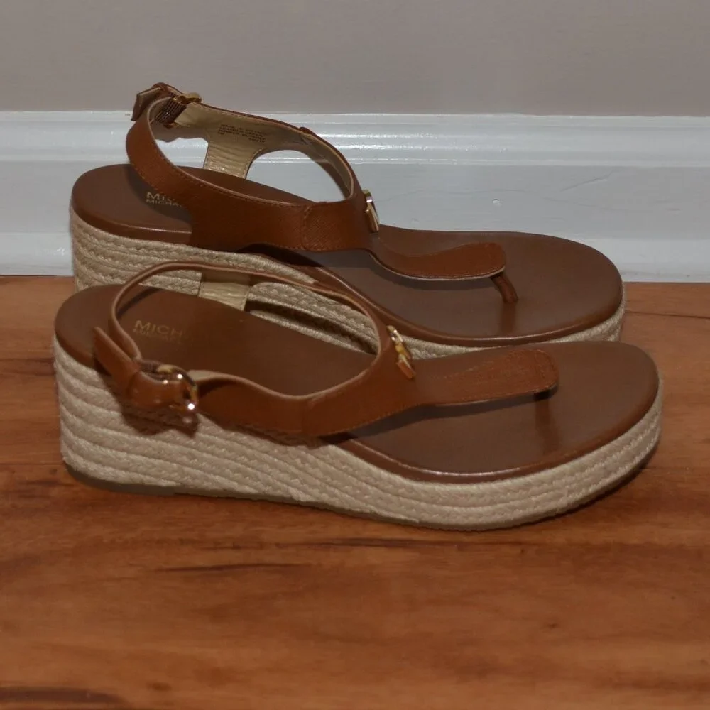 MICHAEL KORS LANEY LOGO ESPADRILLE WEDGE SANDALS LUGGAGE SIZE 8 MSRP $165.00